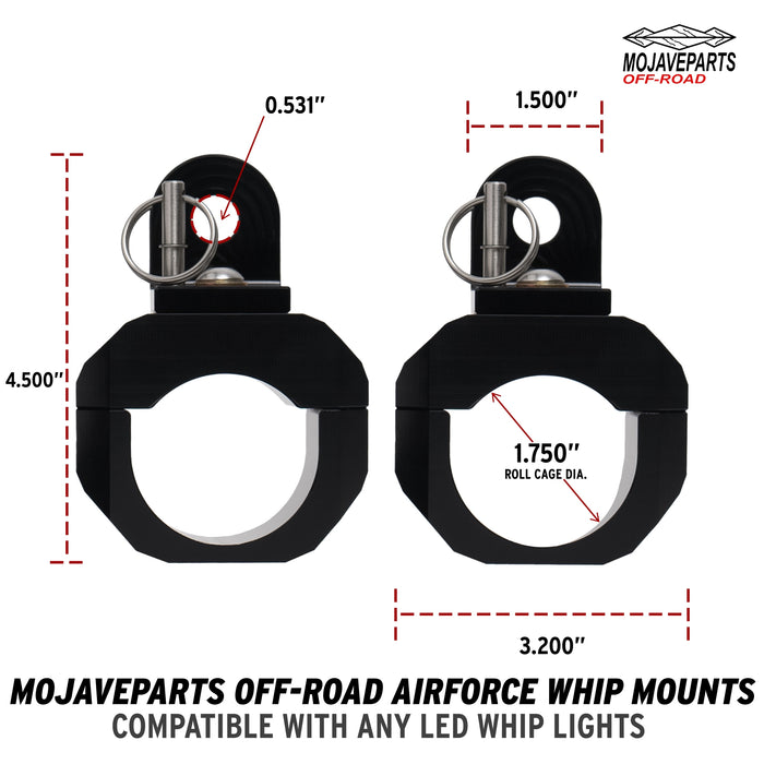 AIRFORCE WHIP MOUNT FOR CAN-AM, Polaris, Yamaha, Honda, Kawasaki, CF Moto, Artic-Cat, Go Cart, Hinsun Strike, and Segway 1.750" ROLL CAGE BLACK ANODIZED (PAIR)