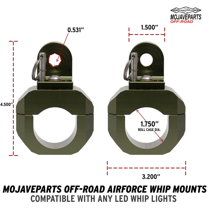 AIRFORCE WHIP MOUNT FOR CAN-AM, Polaris, Yamaha, Honda, Kawasaki, CF Moto, Artic-Cat, Go Cart, Hinsun Strike, and Segway 1.750" ROLL CAGE MILITARY GREEN (PAIR)