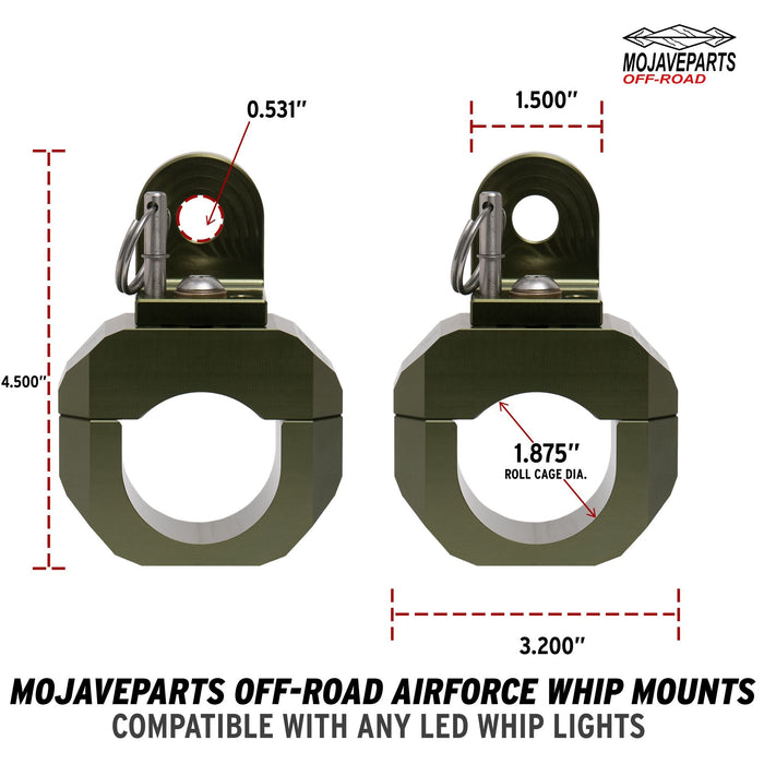 AIRFORCE WHIP MOUNT FOR CAN-AM, Polaris, Yamaha, Honda, Kawasaki, CF Moto, Artic-Cat, Go Cart, Hinsun Strike, and Segway 1.875" ROLL CAGE MILITARY GREEN (PAIR)